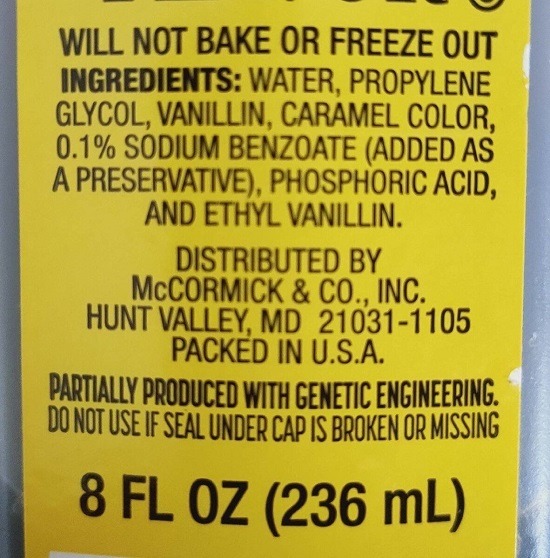 Ingredients List For A Vanilla Flavouring Which Includes Propylene Glycol